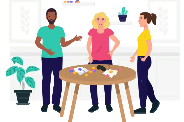 Illustration de trois personnes réunies autour d’une table d’atelier