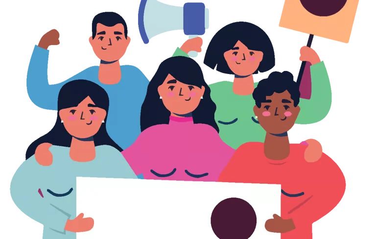 Illustration de citoyens mobilisés avec un porte-voix et des pancartes