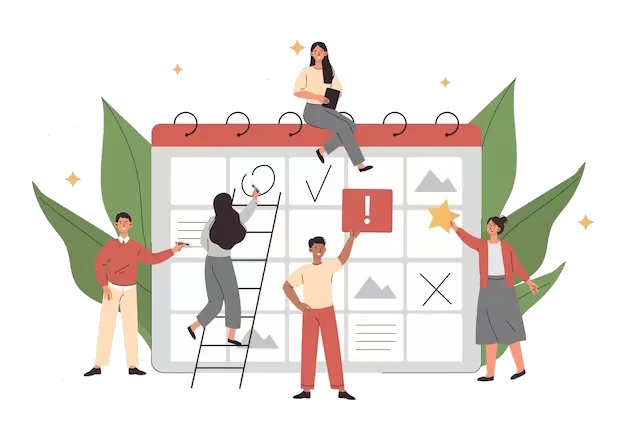 Illustration d’une équipe organisant un calendrier d’événements