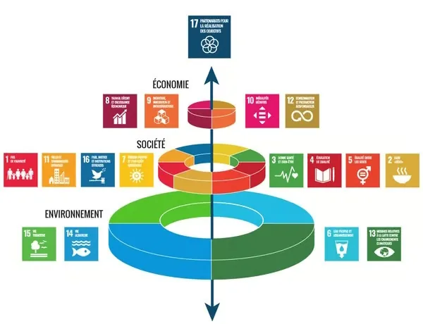 Classement des 17 ODD selon trois niveaux : environnement, société, économie — l’ODD 17 au sommet