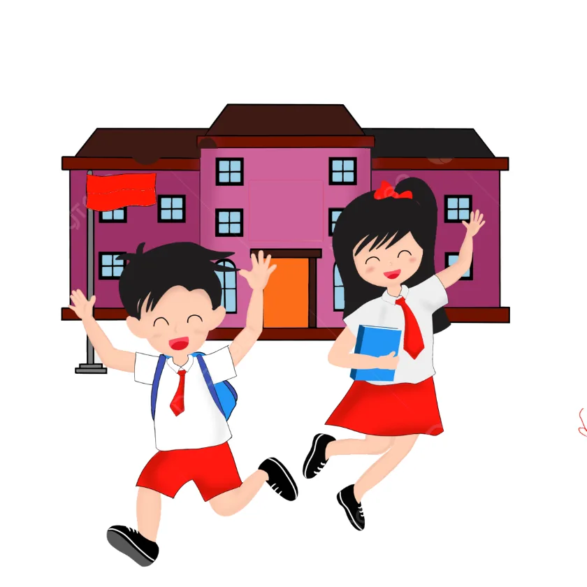 Illustration d’écoliers devant leur école